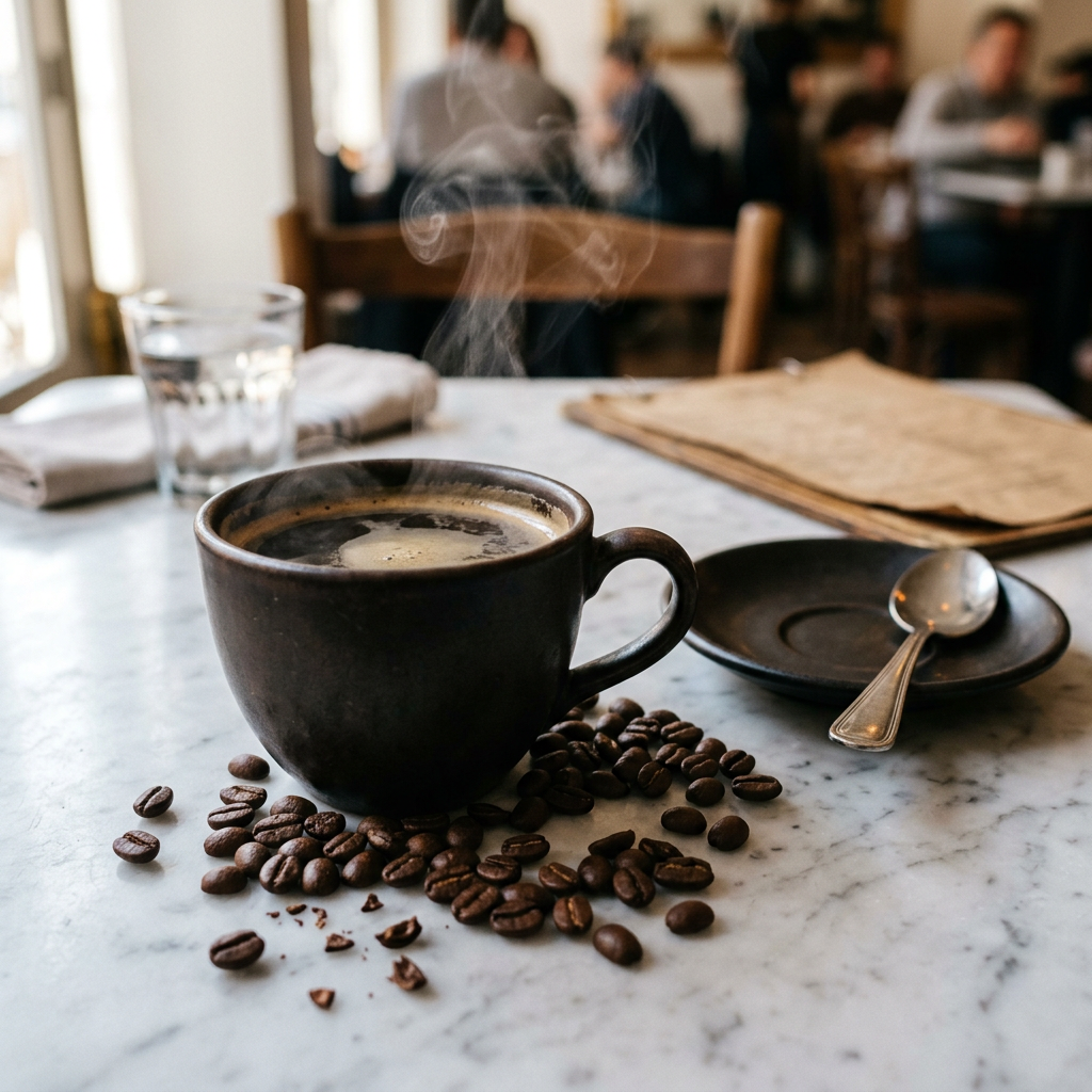 Black coffee in a ceramic cup with steam rising and coffee beans on marble table
