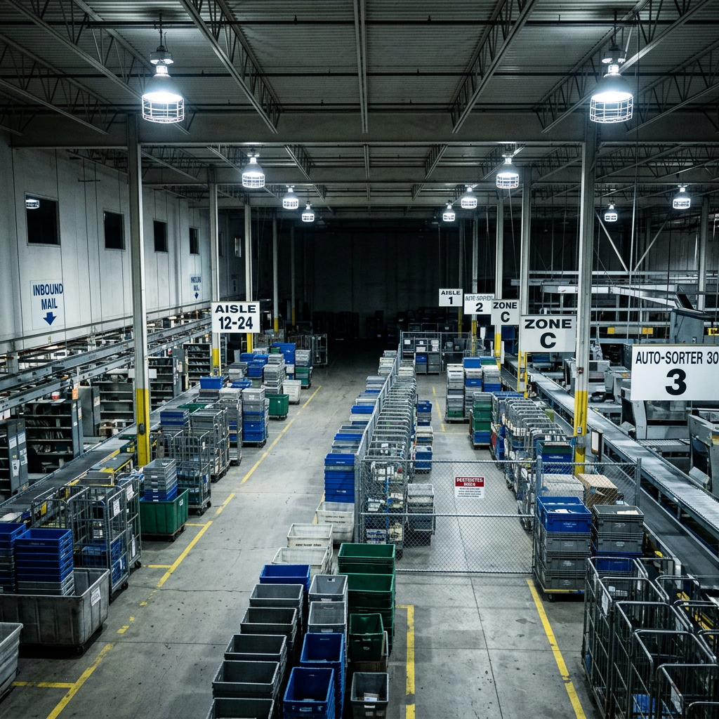 Warehouse interior with aisles and zones marked for sorting mail and packages