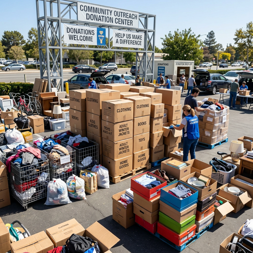 Volunteers sorting and organizing boxes and bags of donated clothing and items at a community donation center