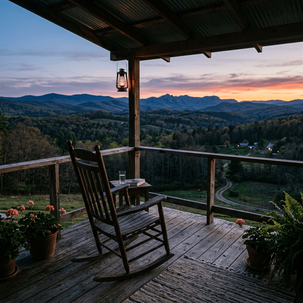 Rocking chair on wooden porch with mountain view at sunset
