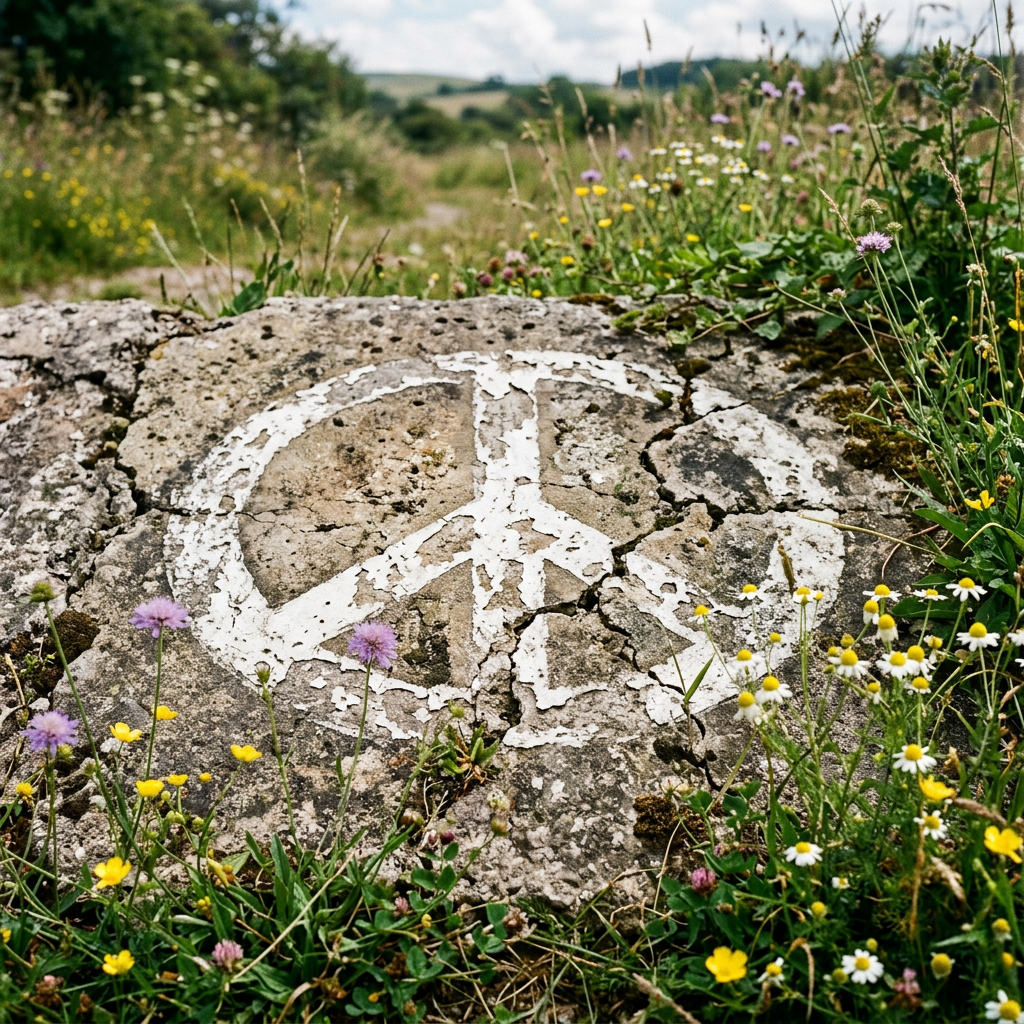 Faded peace symbol painted on cracked stone surrounded by wildflowers