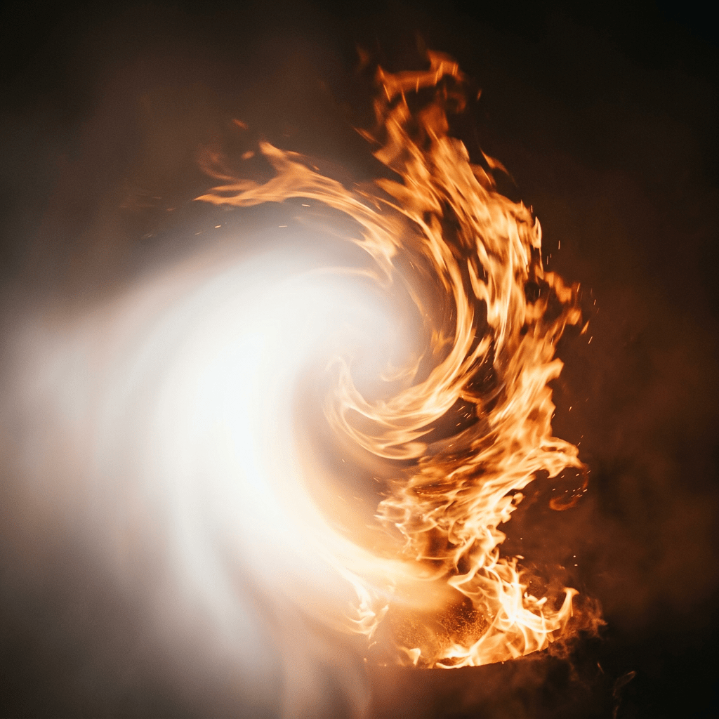 Spiral-shaped orange and yellow flames swirling with white smoke on dark background