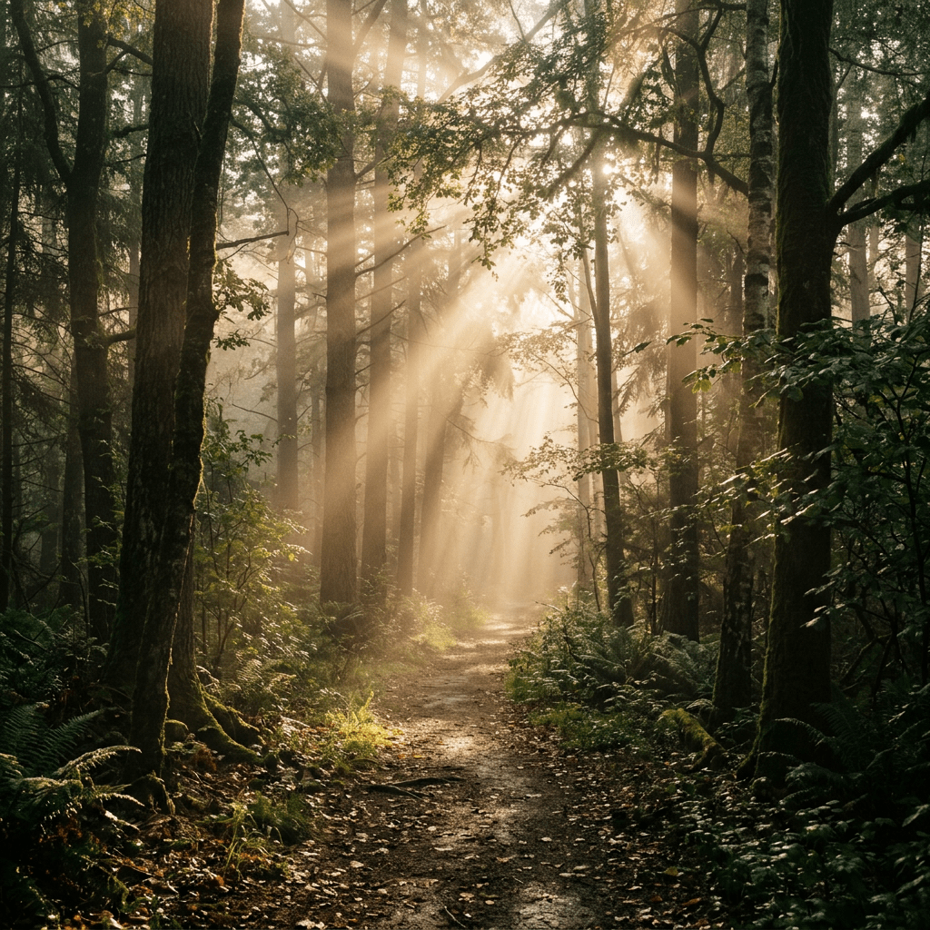 Sun rays shining through dense forest trees onto a dirt path