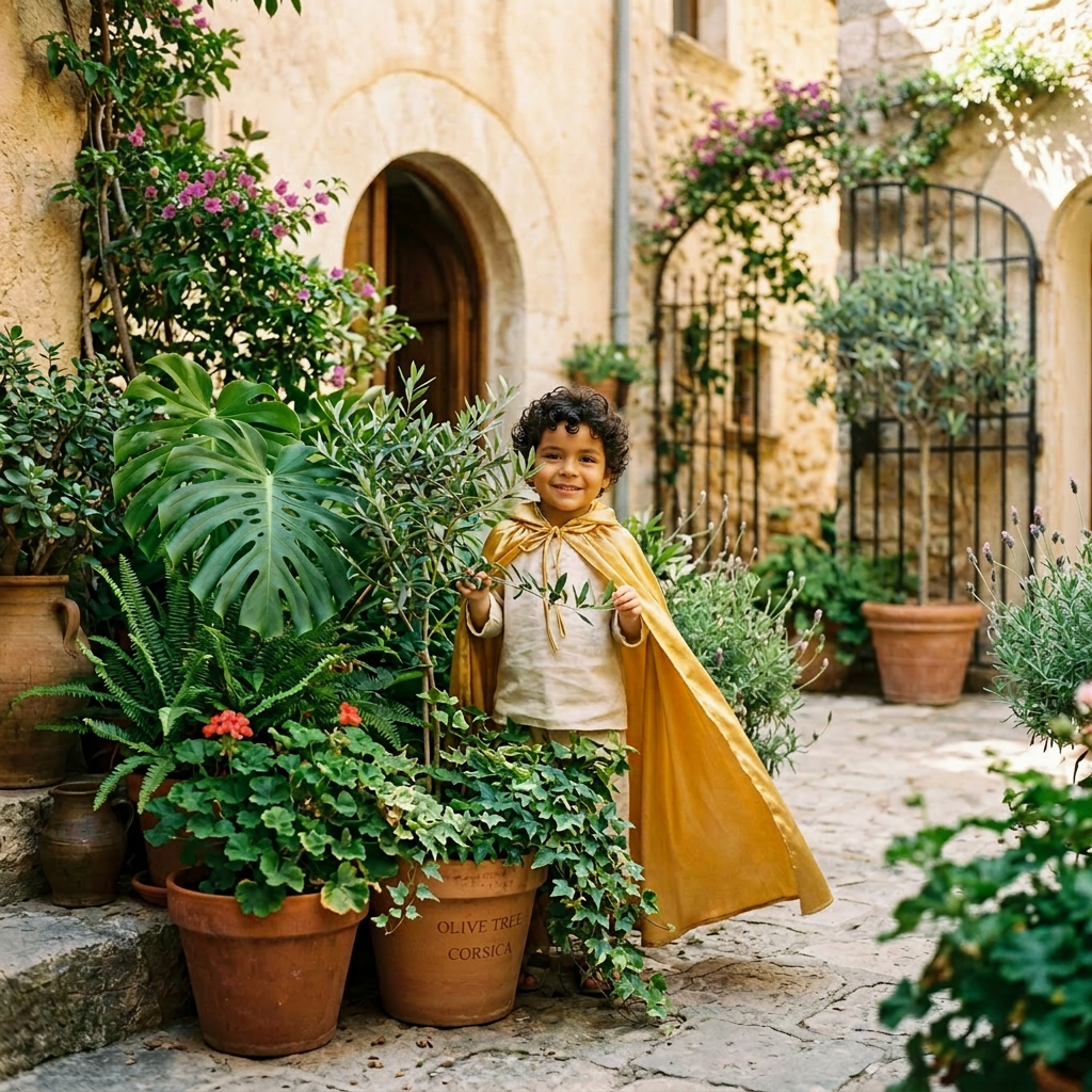 Child in a golden cape standing next to various potted plants in a stone courtyard.