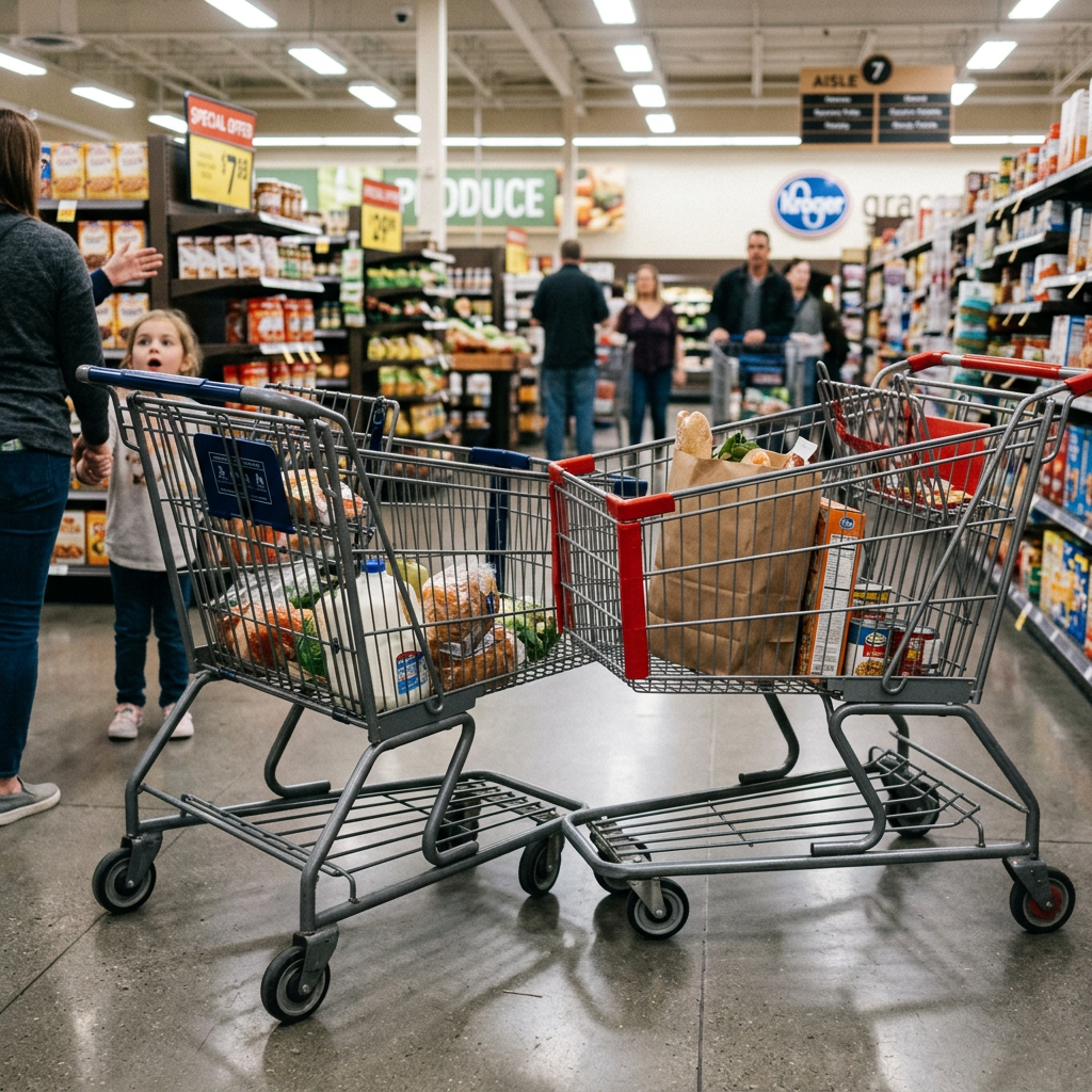 Two grocery carts containing various food items inside a supermarket aisle