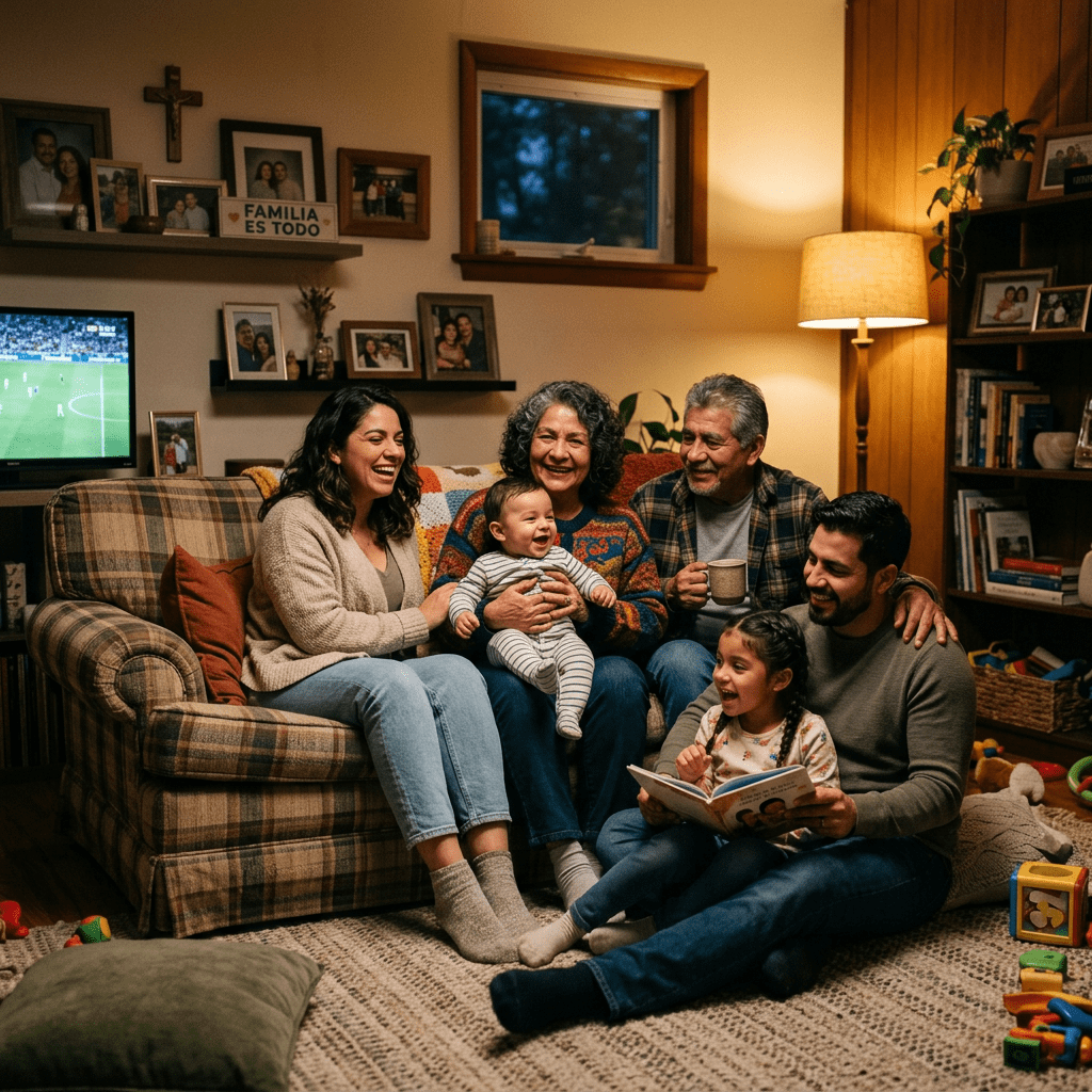 Multigenerational family sitting together, reading a book and smiling in a warm living room