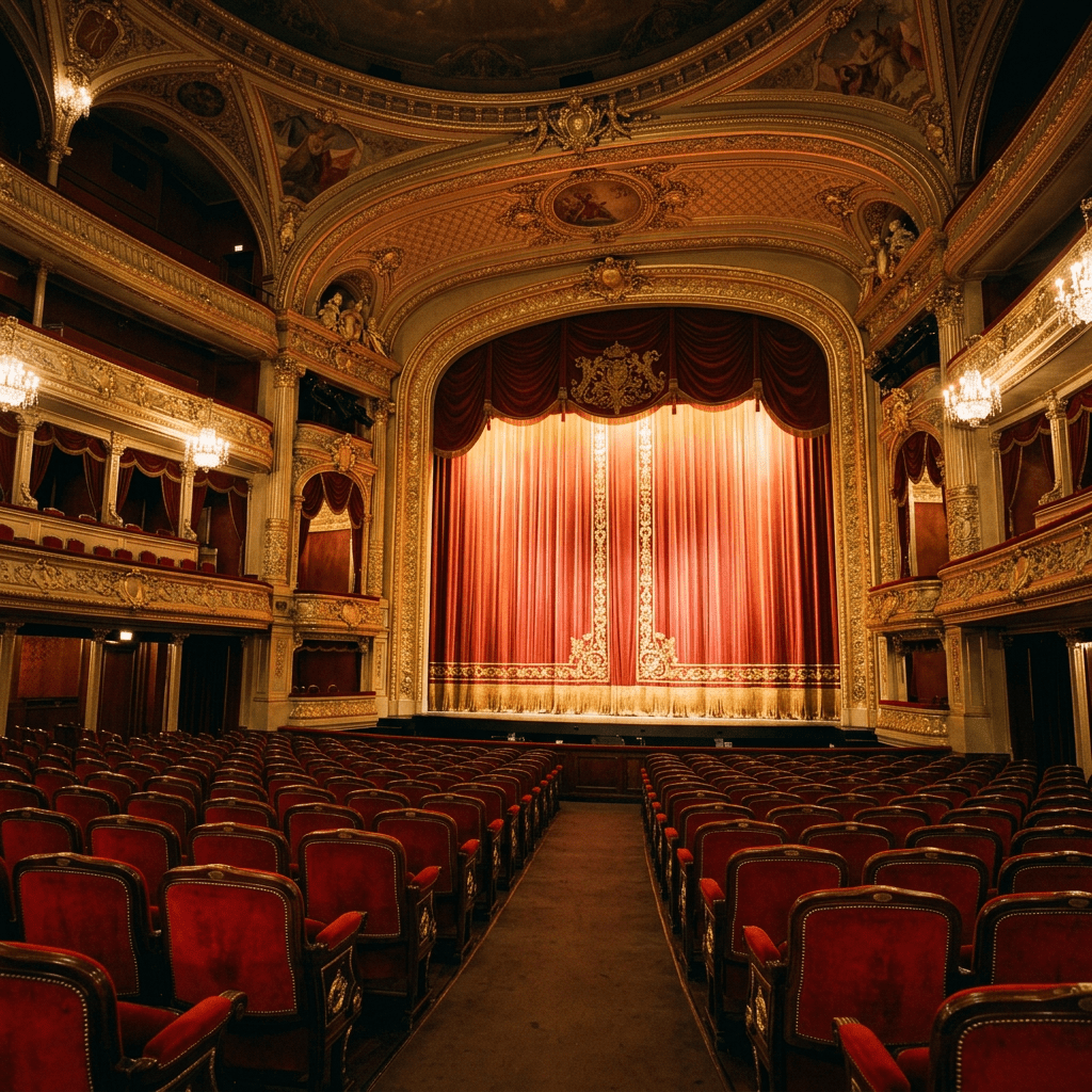 Empty theater auditorium with red velvet seats and ornate gold decorations