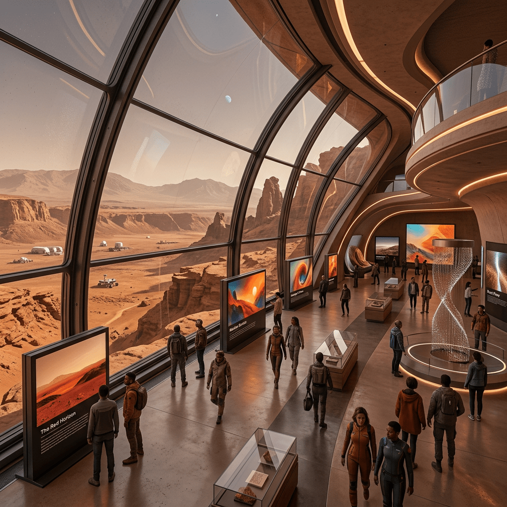 Interior of a futuristic Mars colony gallery with large windows showing red rock formations and visitors viewing exhibits