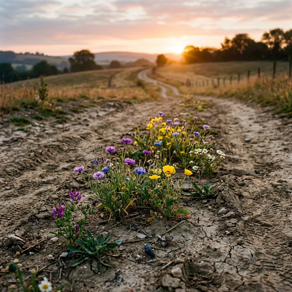 Wildflowers in purple, yellow, and white blooming on a cracked dirt path with a blurred background of fields and trees during sunset