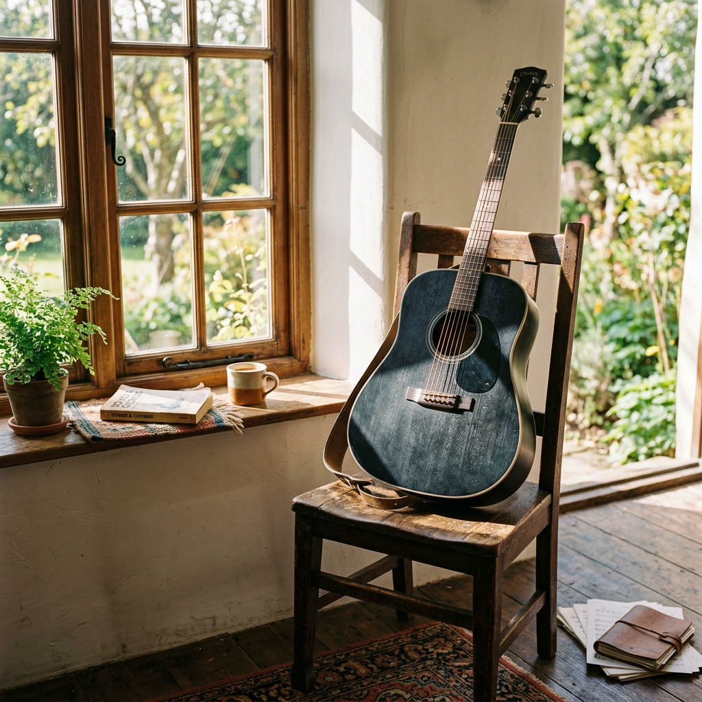Black acoustic guitar on wooden chair near sunlit window with potted plant and books