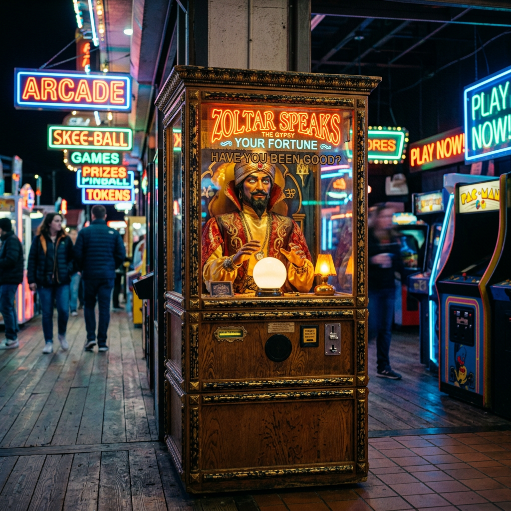 Zoltar fortune teller machine with glowing neon signs in an arcade