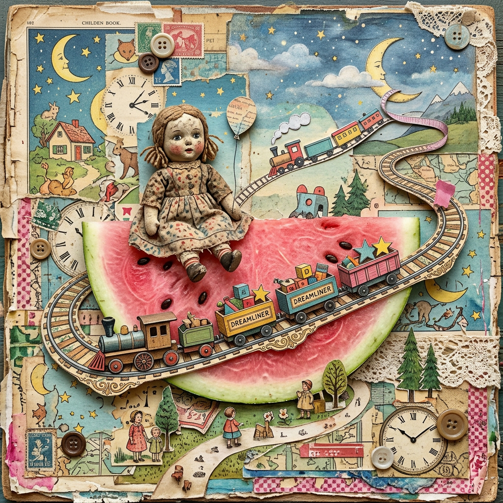 Vintage doll on watermelon with toy train on illustrated tracks and starry night background