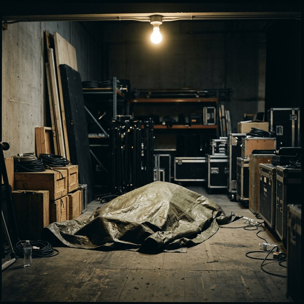 Storage room with wooden crates, equipment cases, cables, and a tarp-covered object on the floor under a single hanging light bulb.