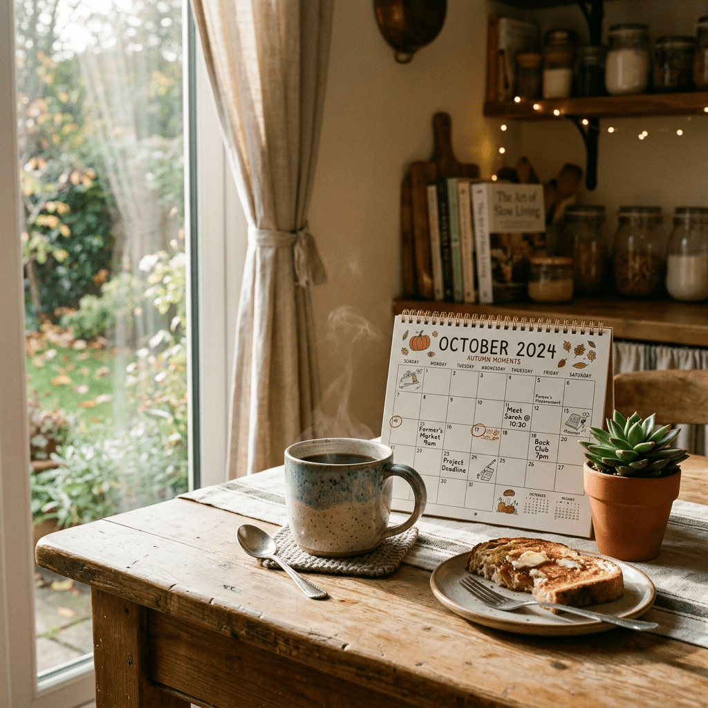 October 2024 calendar on wooden table next to steaming coffee mug and toast with butter