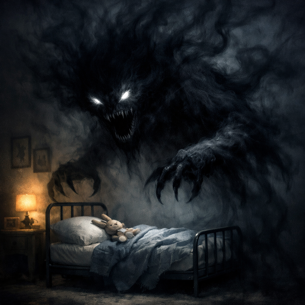 A dark, ghostly shadow monster with glowing eyes and sharp claws looming over a child's bed with a stuffed bunny