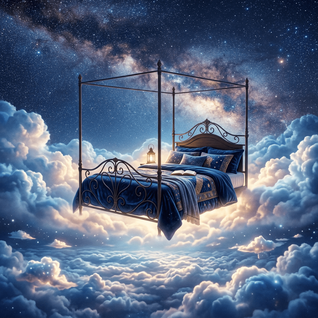 Four-poster bed with blue starry bedding floating on clouds beneath a star-filled night sky with the Milky Way