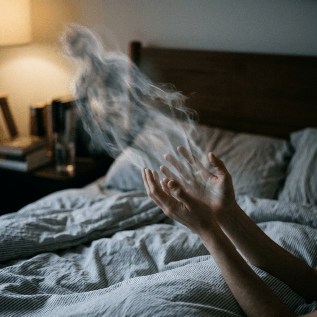 Two hands releasing swirling smoke above a bed with rumpled sheets