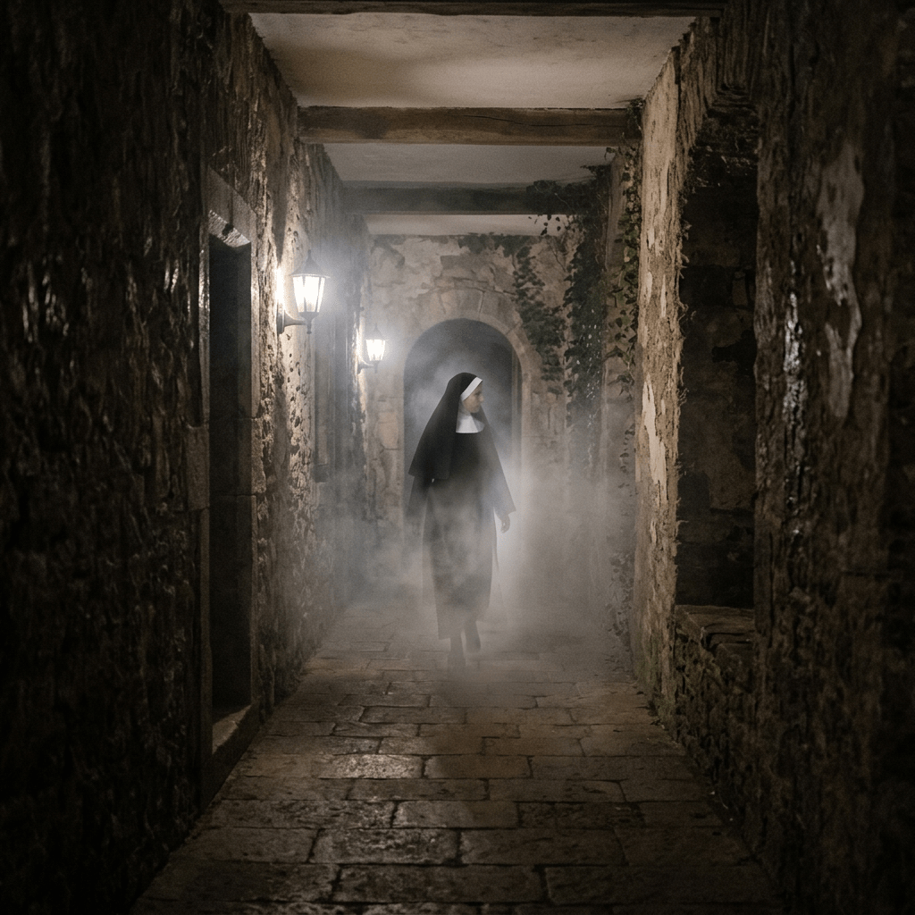 A nun in traditional habit walking through a foggy stone corridor with wall lamps.