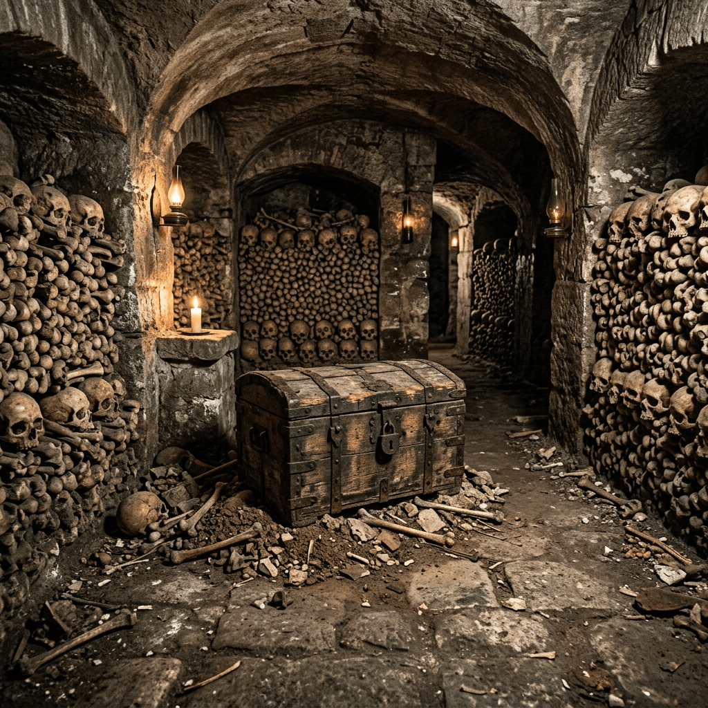 Crypt interior with walls lined by human skulls and bones, old wooden chest in center