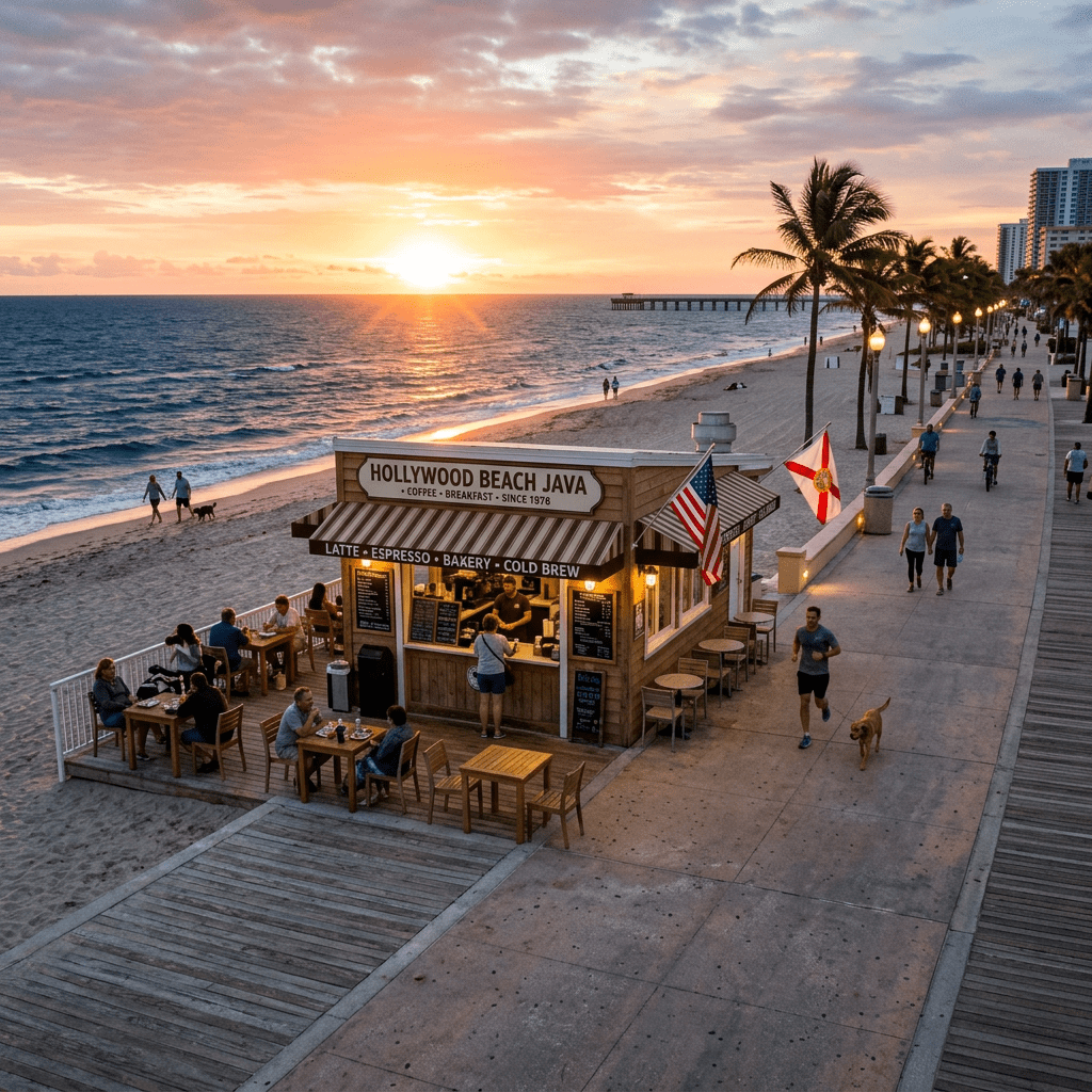 Small coffee stand named Hollywood Beach Java on a beach boardwalk at sunset with people sitting, walking, and jogging