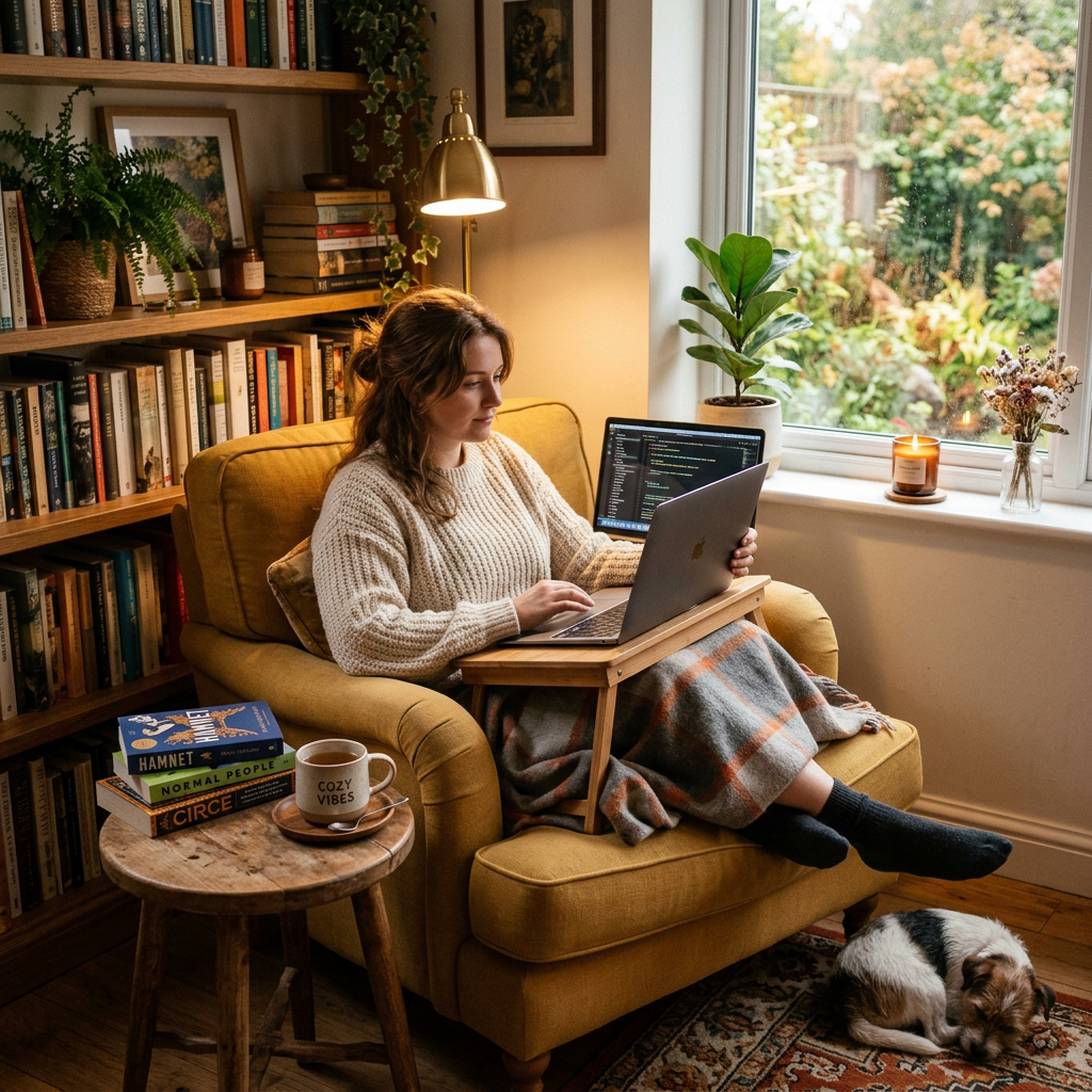Woman sitting in mustard armchair using laptop with a small dog sleeping nearby