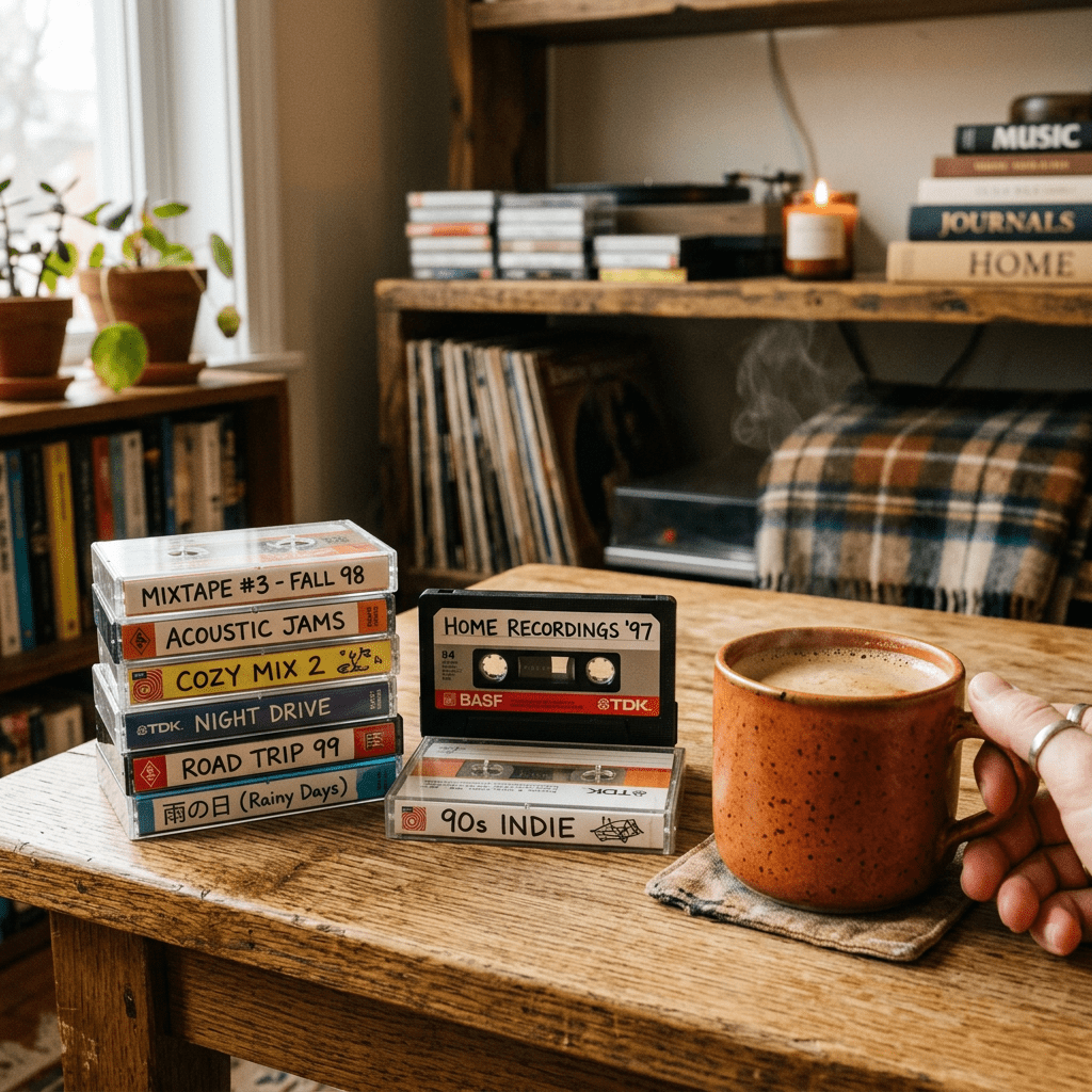 Stack of labeled cassette tapes next to a steaming coffee mug on a wooden table
