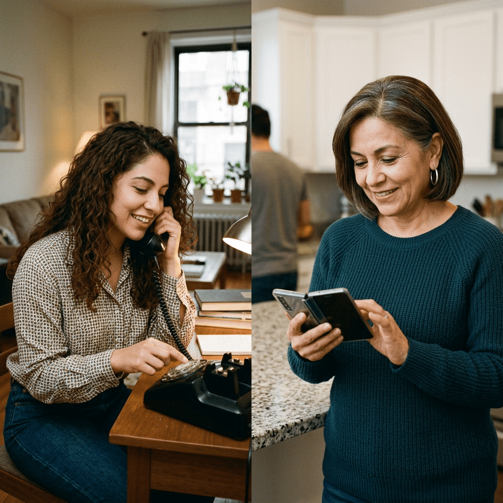 Young woman dialing a rotary phone and older woman using a smartphone