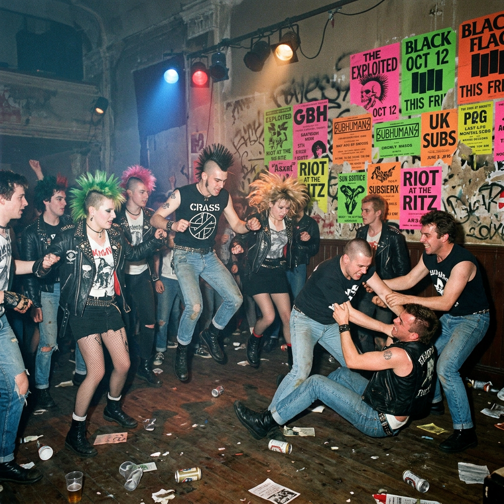 Crowd of punk rock fans in leather jackets and mohawks dancing and moshing in a cluttered venue with colorful concert posters on the wall