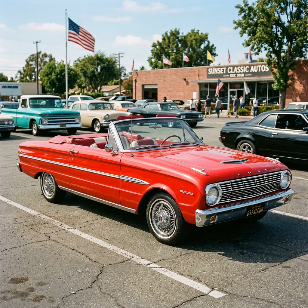 Red 1963 Ford Falcon convertible parked at a classic auto show with other vintage cars