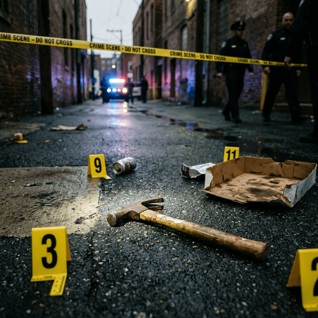 Hammer, evidence markers, and trash inside police tape in alley with officers and patrol car