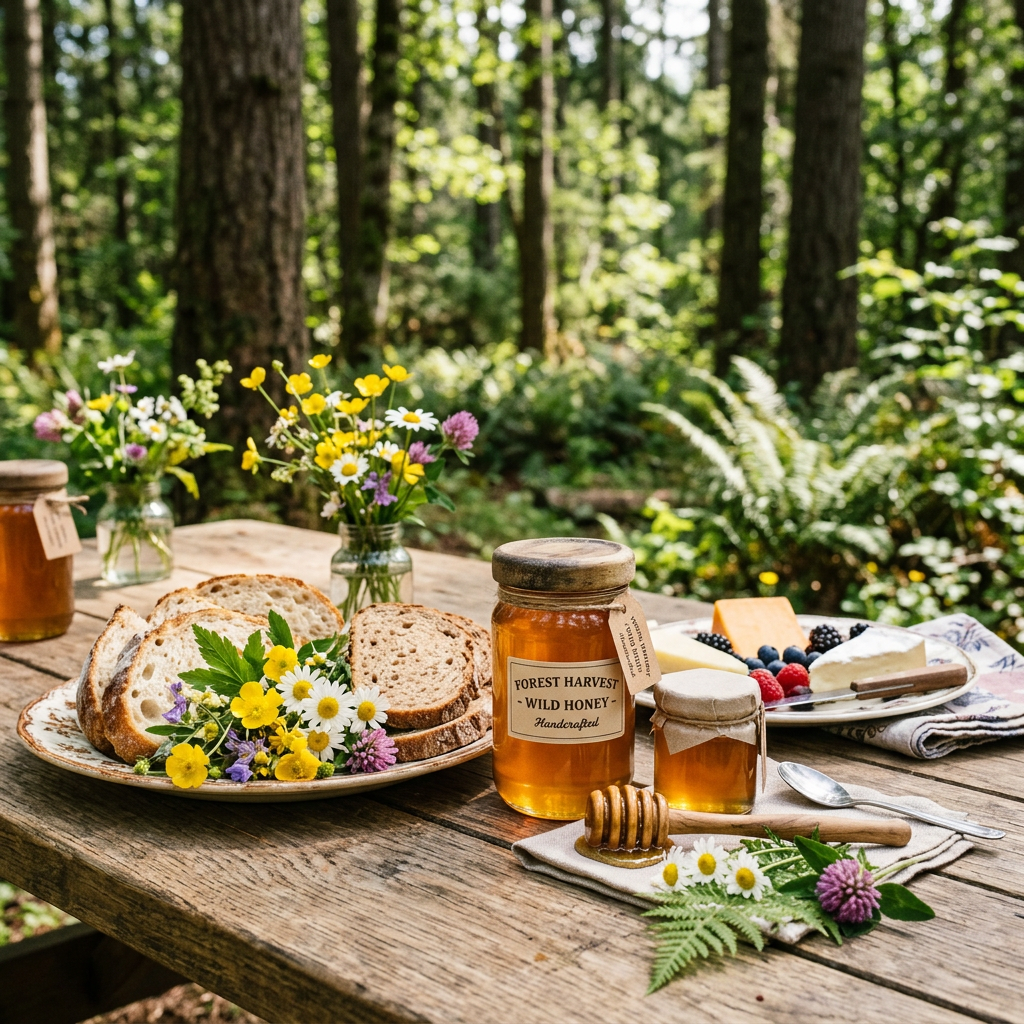 Table with jars of wild honey, sliced bread, flowers, and cheese in a forest clearing