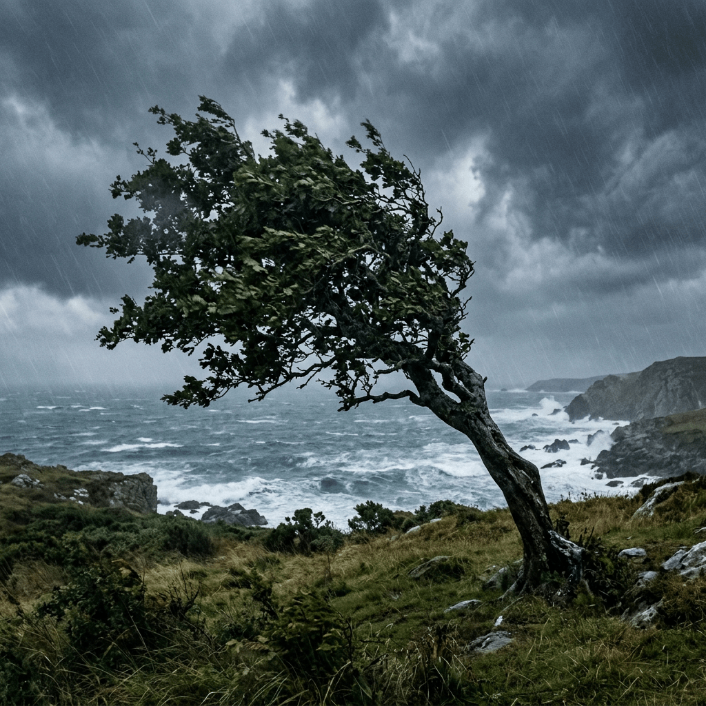 Tree bent by wind on rocky coastline during storm with dark clouds and rough sea