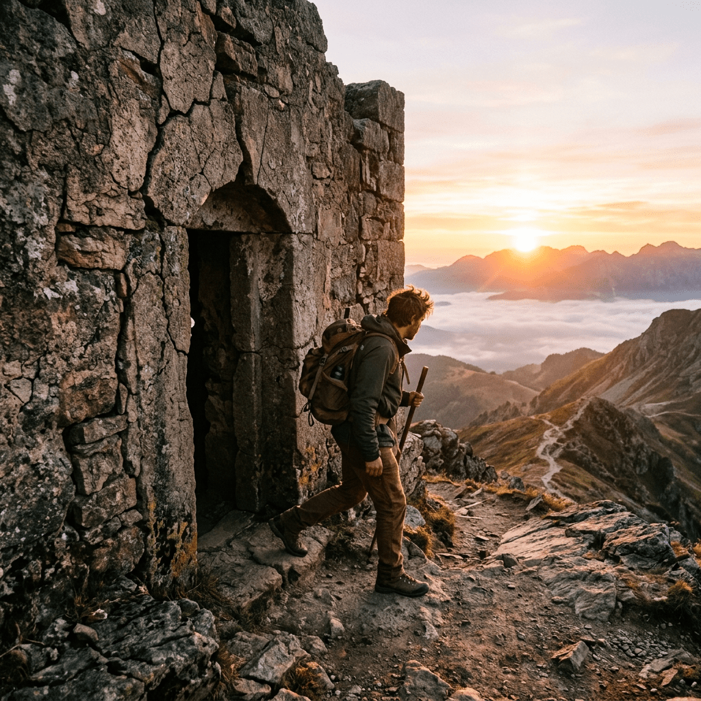 Man with backpack and walking stick exiting stone ruins toward mountainous sunrise landscape