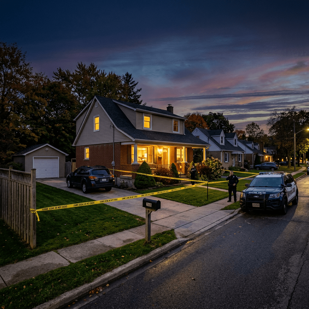 Suburban house surrounded by police tape with officers and police car outside at dusk