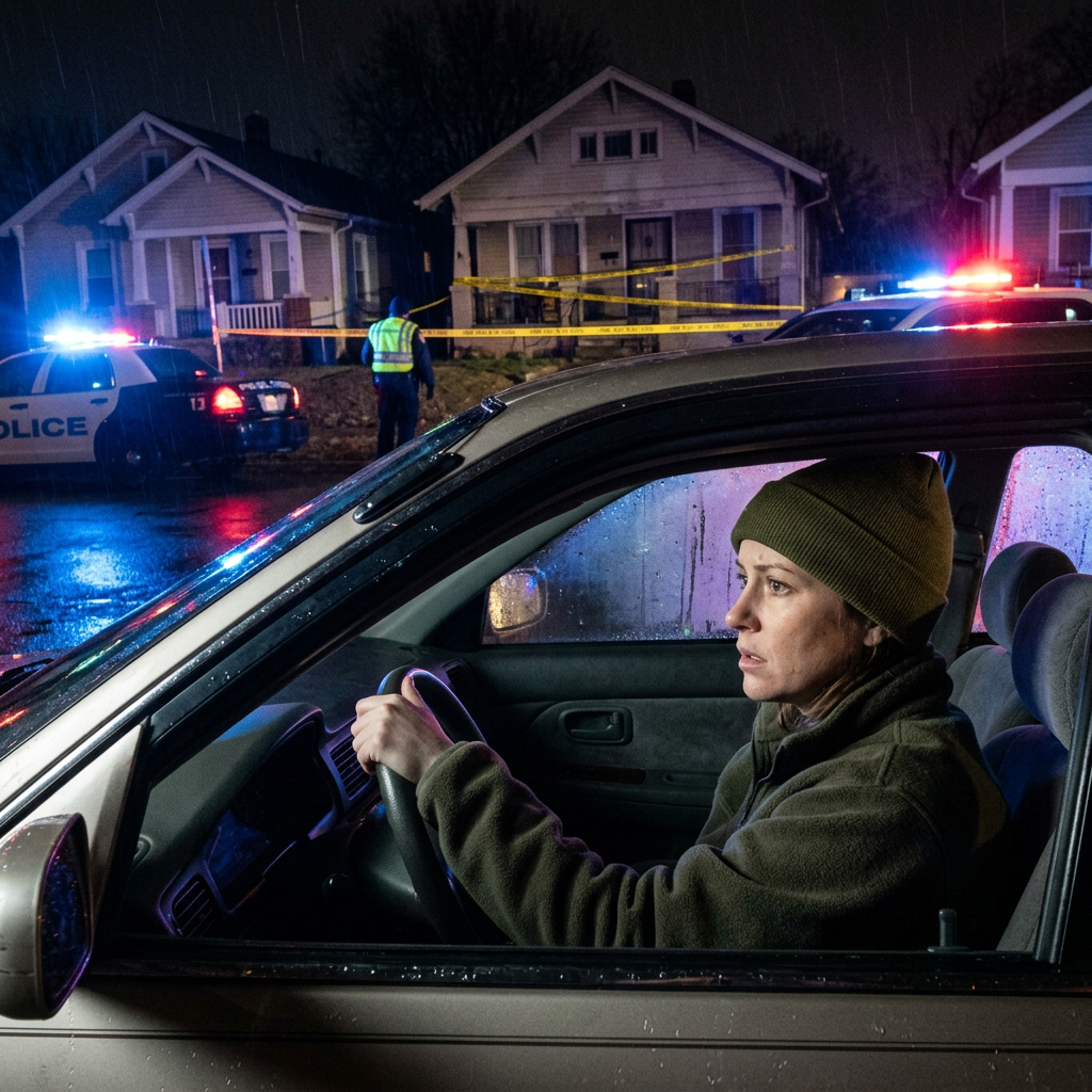 Woman in car looking serious with police tape and cars at night