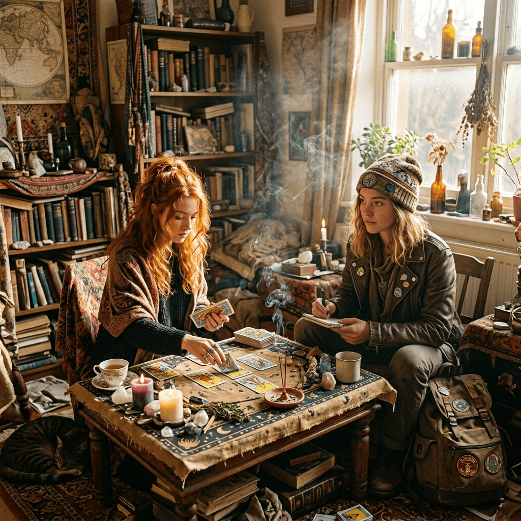 Two people sitting at a table with tarot cards, candles, and crystals in a cozy room