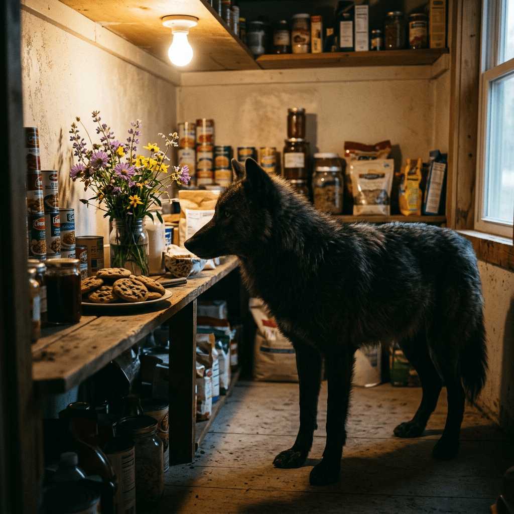 Wolf standing in a rustic pantry near a shelf with cookies and a vase of flowers