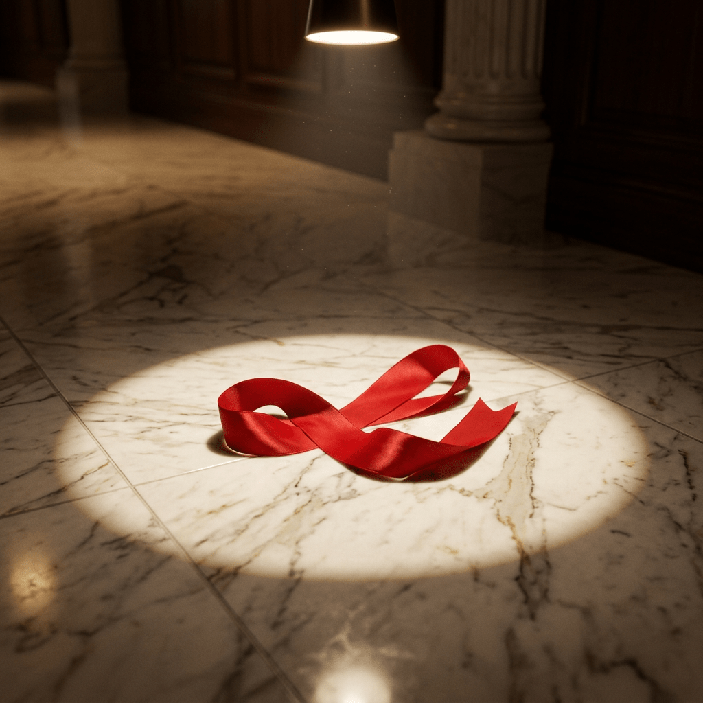 Red ribbon placed on marble floor under spotlight near decorative column