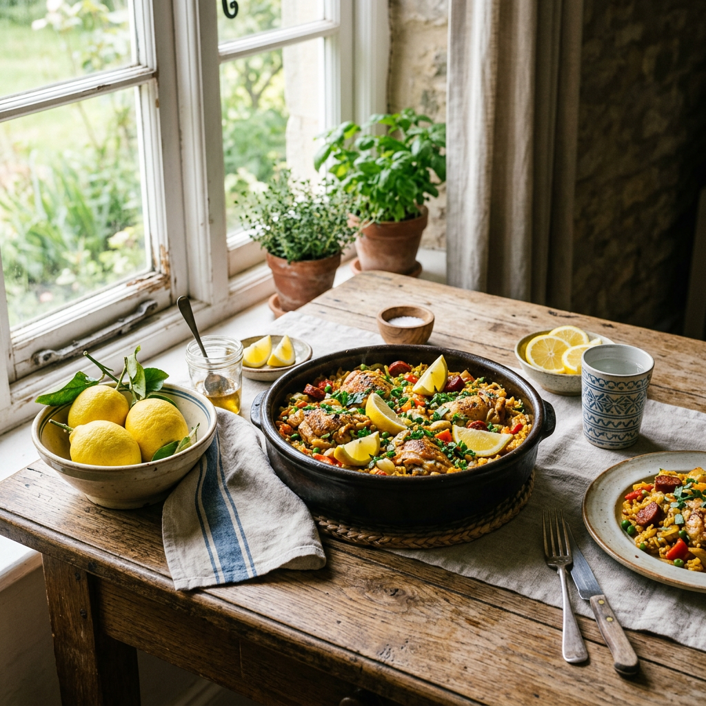 Pan of paella with chicken, vegetables, and lemon wedges on rustic wooden table