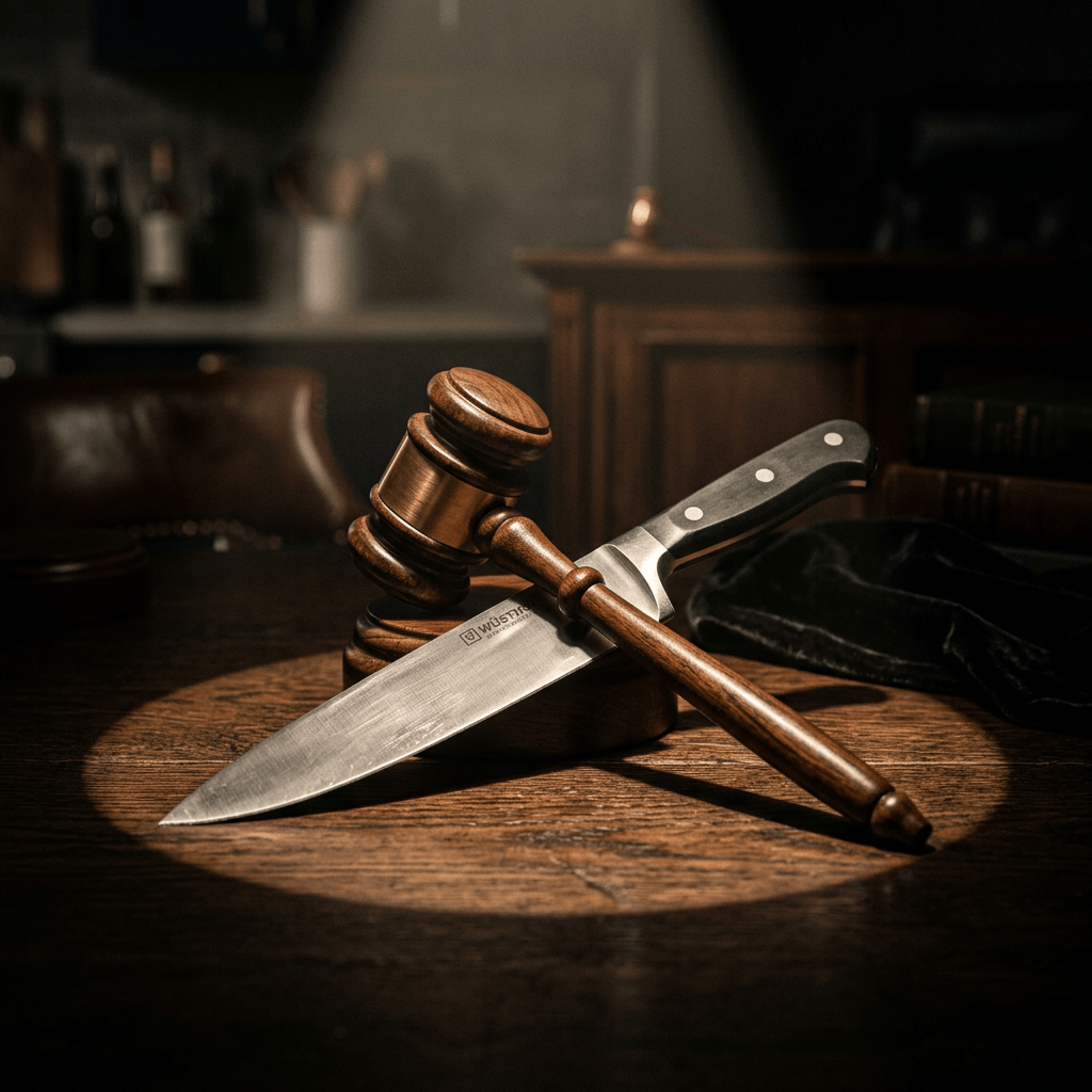 Wooden gavel and chef's knife crossed on wooden table under spotlight