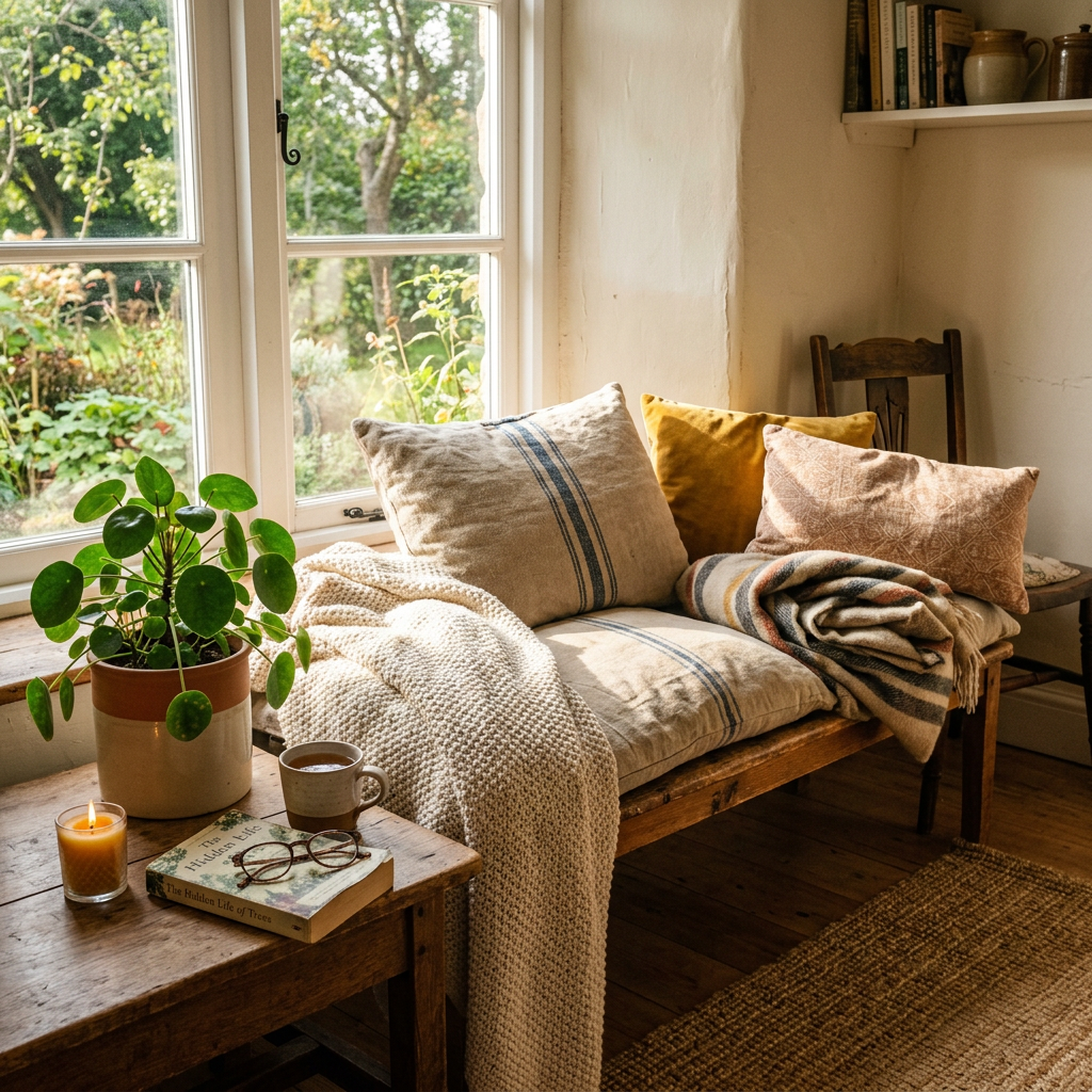 A cozy wooden bench by a window with cushions, a blanket, a potted plant, a book, a candle, and a cup of coffee